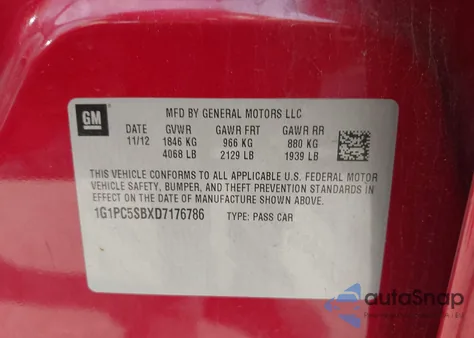 2013 Chevrolet Cruze 1Lt Auto z USA, uszkodzony, nr VIN 1G1PC5SBXD7176786